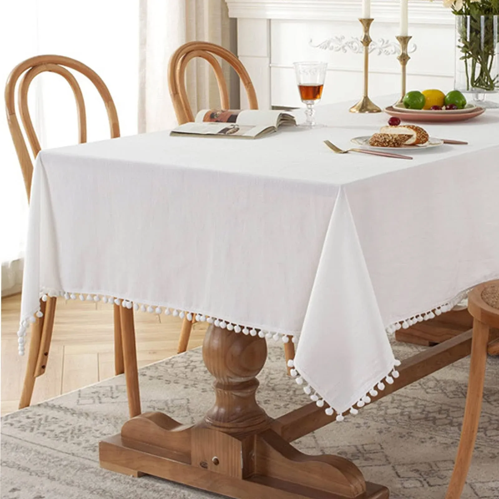 Fhberni Farmhouse Solid Color Cotton Square Tablecloth Fabric Pompom Tassel ...