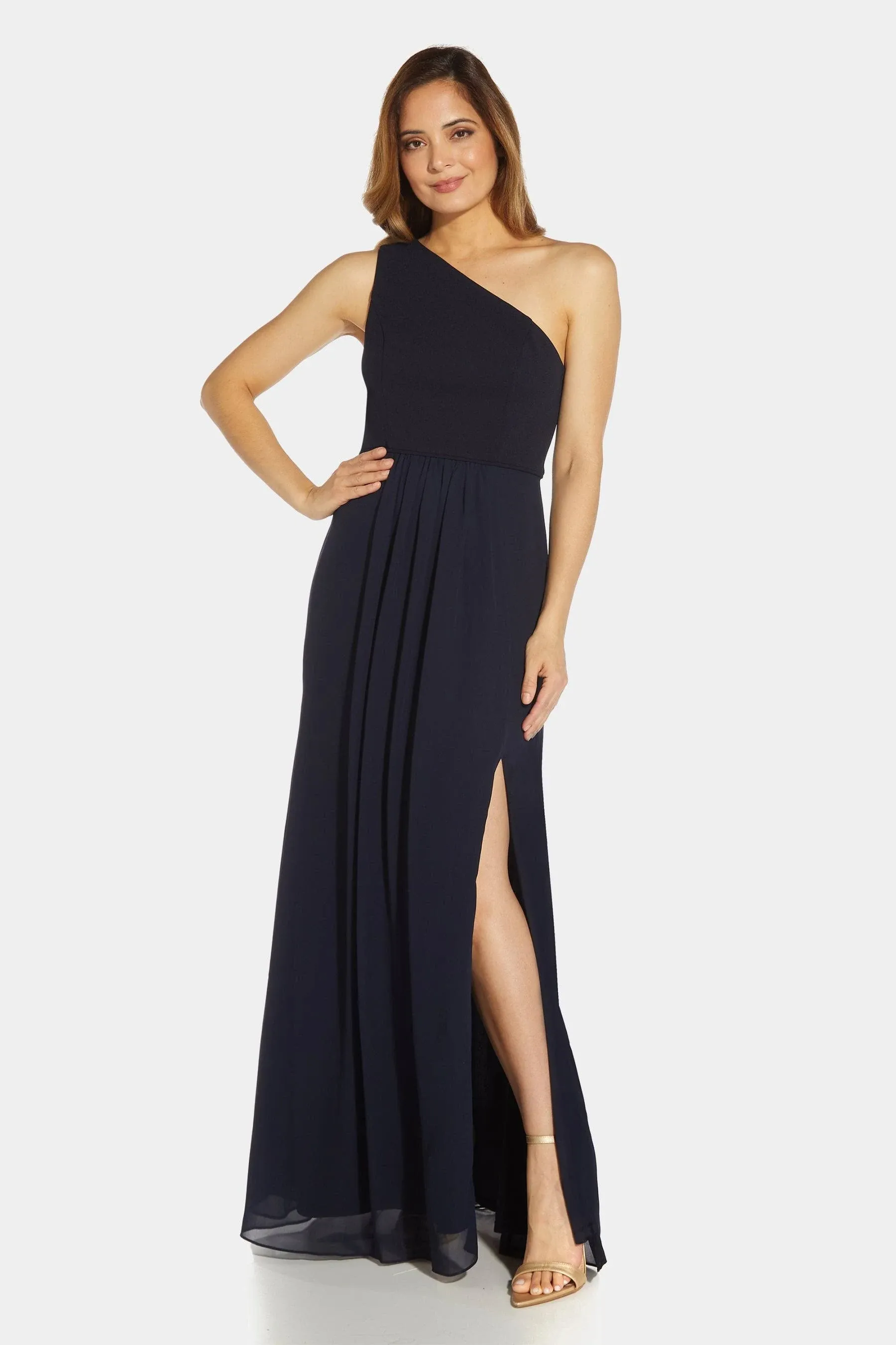 Adrianna Papell One-Shoulder Chiffon Gown - Midnight - Size 8