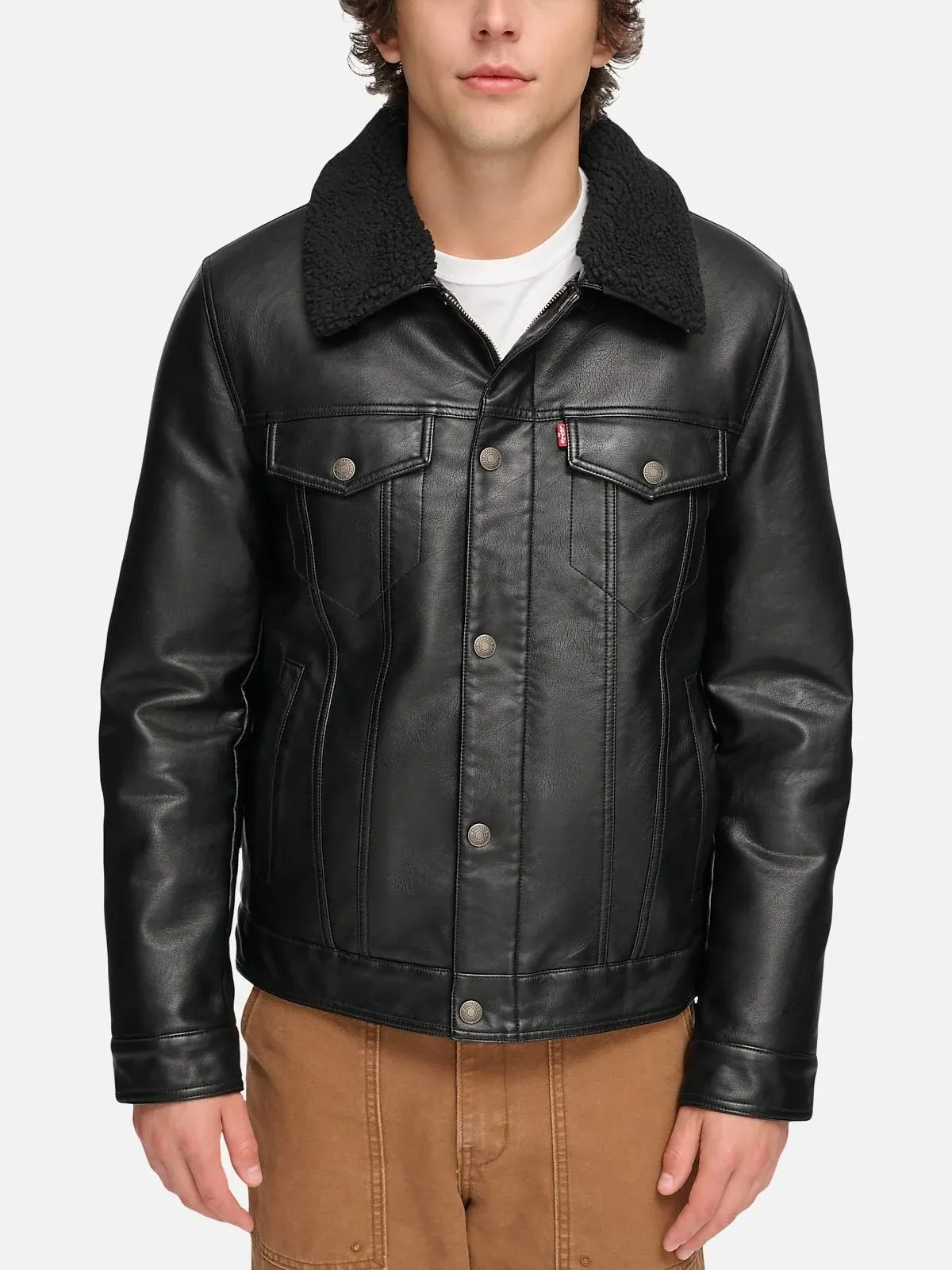 Levi's Modern Fit Faux Leather Trucker Jacket with Removable Sherpa Collar | Casual Jackets | Men's Wearhouse