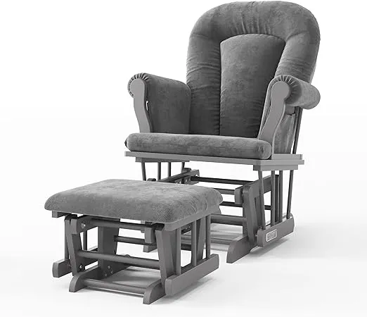 Child Craft Cozy Glider Rocker and Ottoman Set, Padded Cushion with Convenient Storage Pockets, Solid Wood Base & Frame (Cool Gray with Dark Gray Cushion)