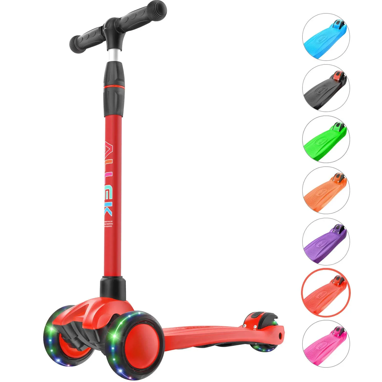 Allek Kick Scooter B03, Lean 'n Glide 3-Wheeled Push Scooter with Extra Wide PU Light-Up Wheels, Any Height Adjustable Handlebar and Strong Thick