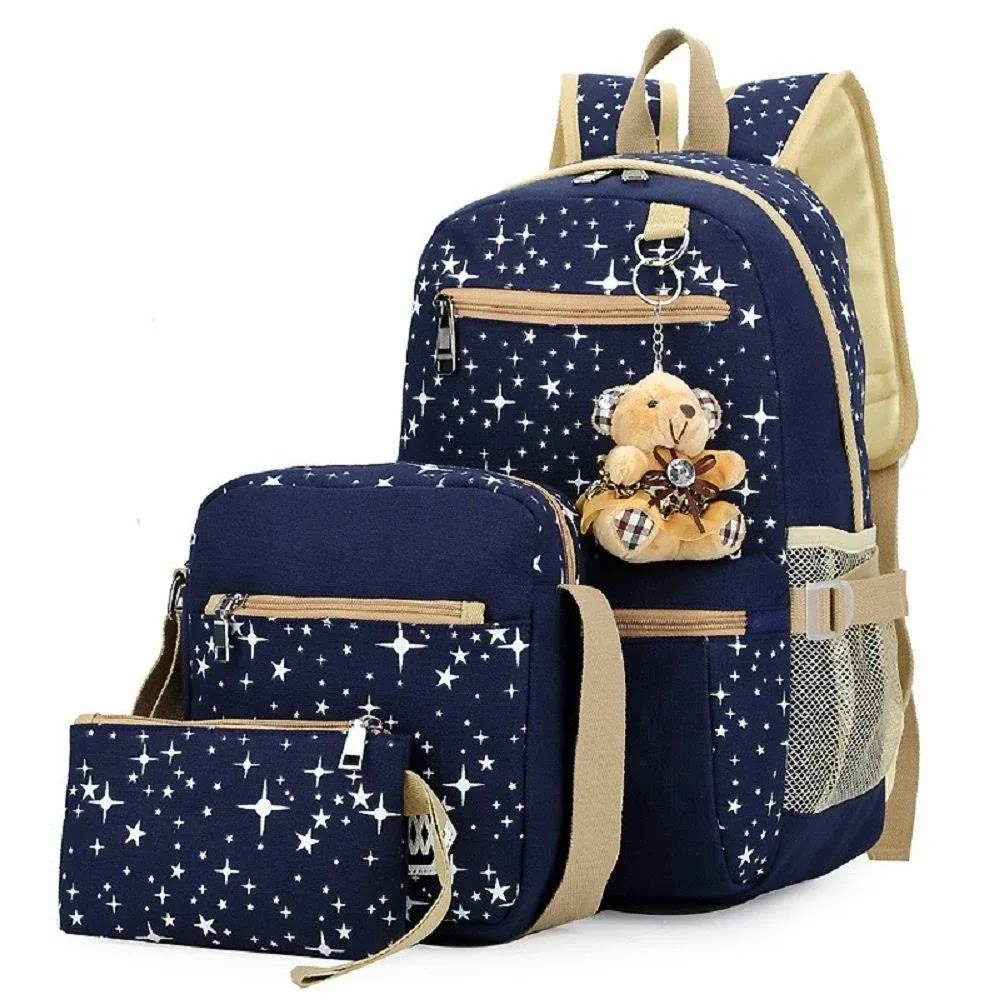 Fanci Stars-Print Canvas School Backpack Set with Pencil Case Elementary Girls ...