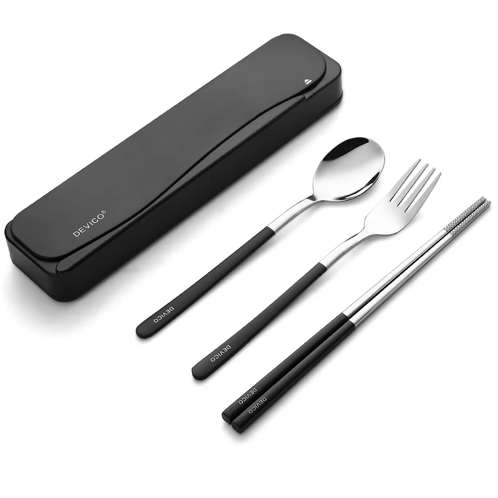 DEVICO Travel Utensils, 18/8 Stainless Steel 4pcs Cutlery Set Portable Camp Reusable Flatware Silverware, Include Fork Spoon Chopsticks with Case