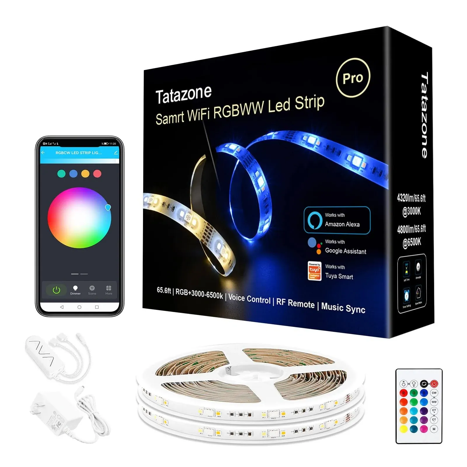 Tatazone RGBWW Smart LED Strip Lights, 65.6ft Tunable White