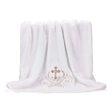 ESTAMICO My Baptism Baby Christening Dedication White Blanket with Embroidered Cross Premium Soft Warm Cozy Coral Fleece Toddler, Infant or Newborn