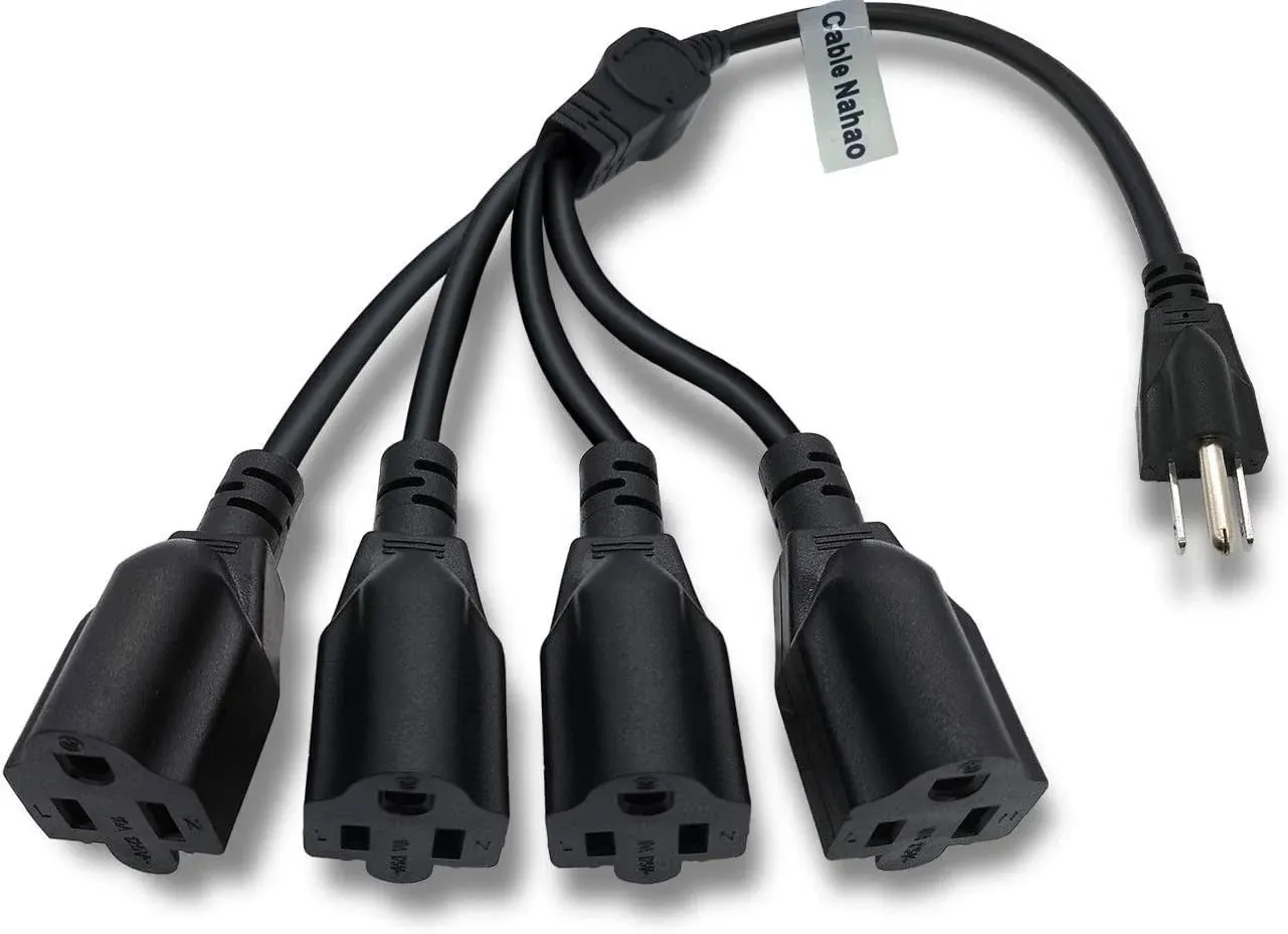 Cable Nahao 3 Prong 1 to 4 Outlet Power Cord Splitter Cord - Indoor Outdoor Cable Strip Outlet Saver - Power Extension Cable - SJT 16AWG - UL Approved for Computer, LED Stage Light(20 Inch, Black)