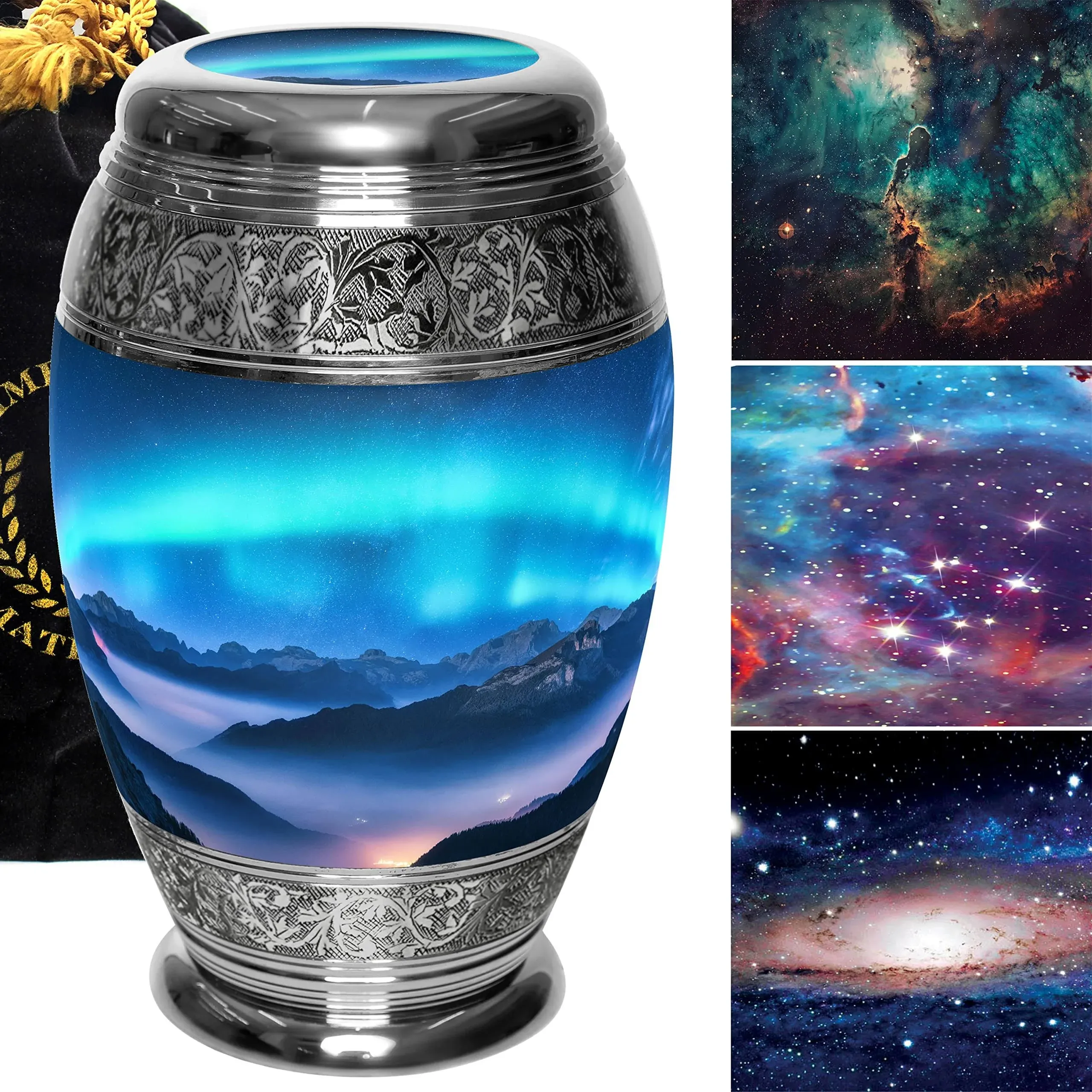 Aurora Borealis Northern Lights Cremation Urns for Adult Ashes for Funeral, Niche or Columbarium, 100% Brass, Cremation Urns for Human Ashes Adult 200 Cubic inches (Aurora Borealis, Medium)