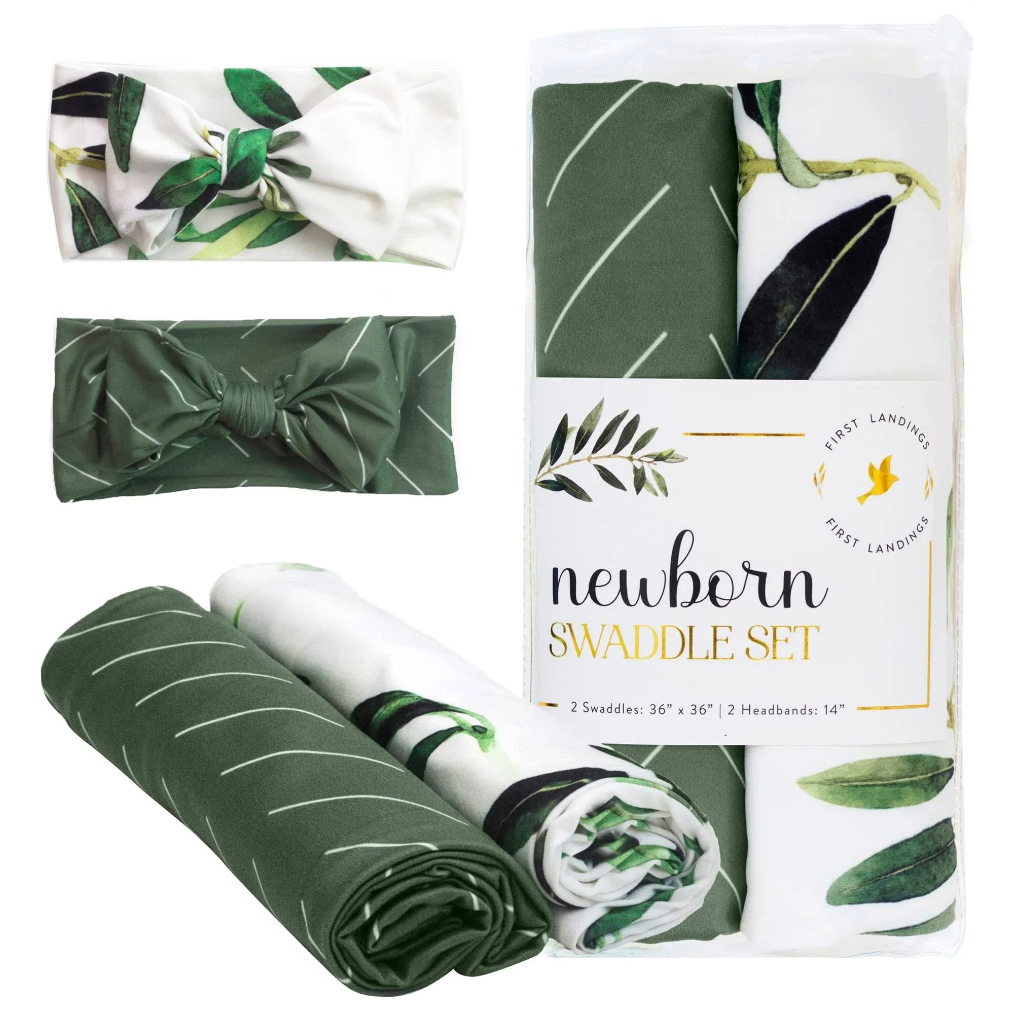 First Landings Newborn Swaddle Set - Matching Headband and One Size, Olive 