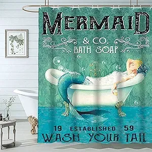 Famiffty Blue Mermaid Ocean Shower Curtain Mermaid Bathroom Set 60Wx72L Inch Lit