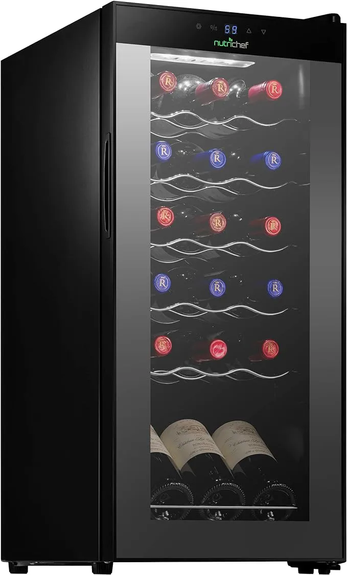 NutriChef Wine Cooler Refrigerator - 18-Bottle Wine Fridge with Air-Tight Glass Door, Touch Screen Digital Temperature Control - Freestanding, Compact - For Apartment, Office, Hotel, Home Bars