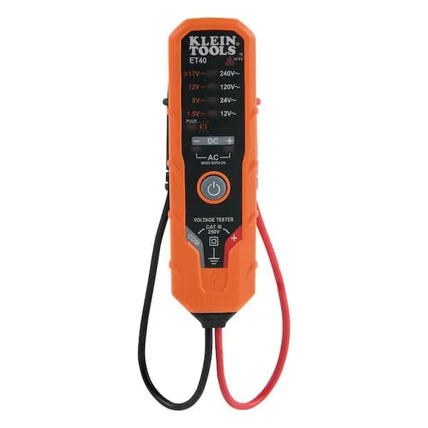 Klein Tools ET40 Digital AC/DC Voltage Tester, 12-240V AC, 1.5-24V DC, LED Illumination, DC Polarity, Auto Off, CATIII 250V-Class 2- Double Insulation, IP4 Dust and Water Resistant,Black/Orange