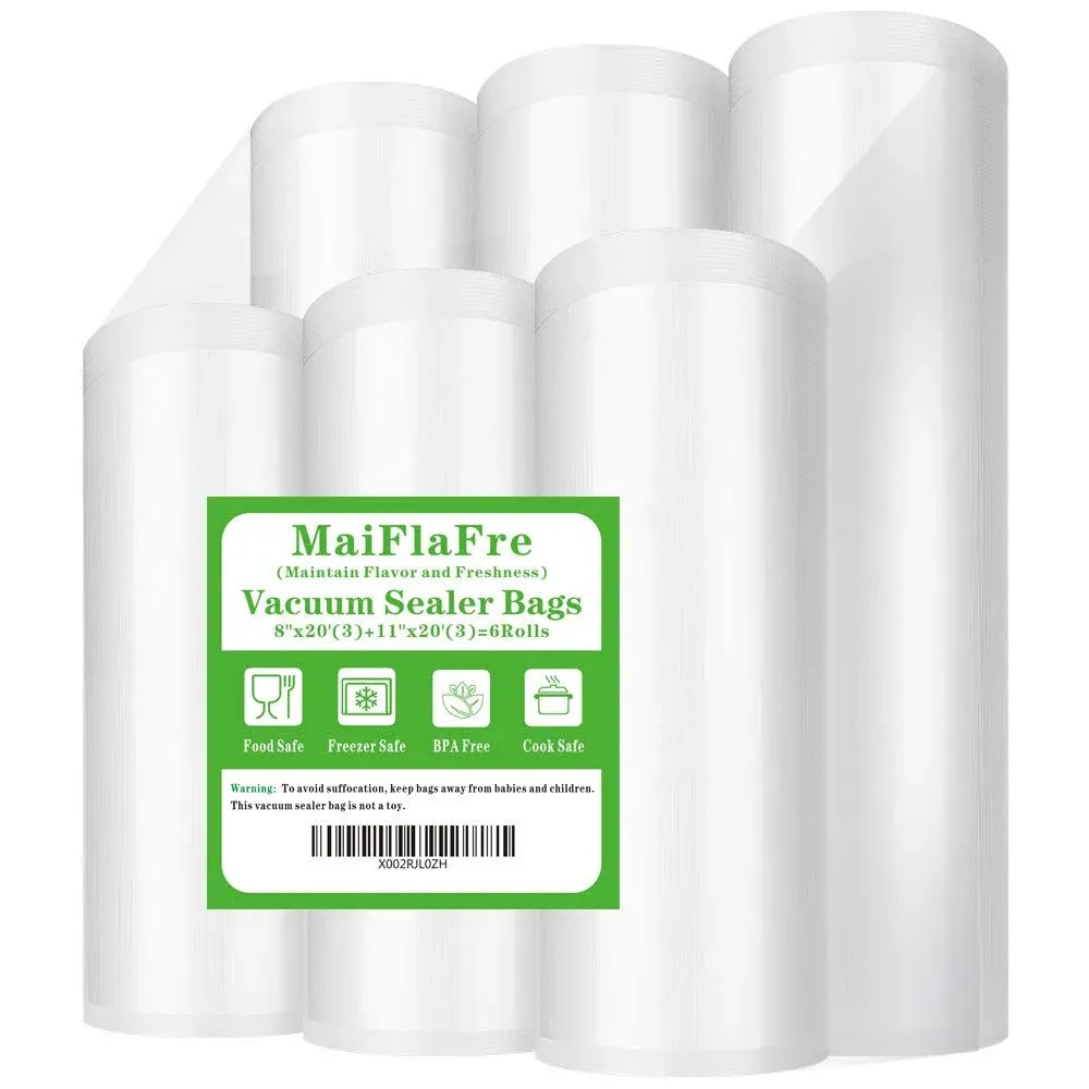 MaiFlaFre 6 Pack 8"x20' and11"x20' Vacuum Sealer Bags Rolls with BPA Free