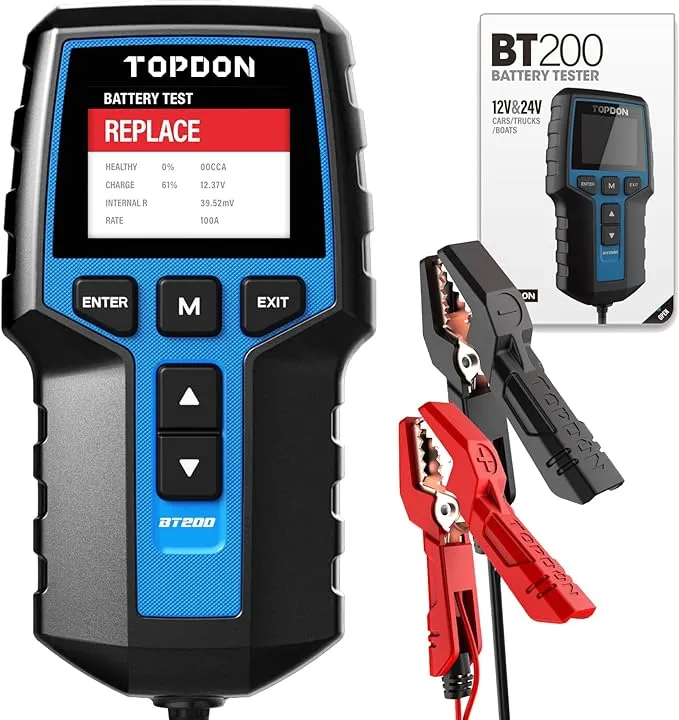 TOPDON BT200 100-2000CCA - Probador de batería de coche de 24 V y 12 V, probador de alternador automotriz, analizador digital de batería, probador de sistema de arranque de carga para automóvil, camión, motocicleta, ATV, SUV, barco, yate