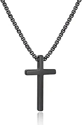 M MOOHAM Cross Necklace for Men, Silver Black Gold Stainless Steel Plain Cross Pendant Necklace for Men Box Chain 16-30 Inch