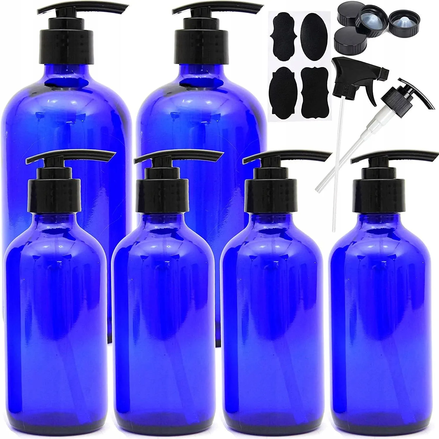 Youngever 6 Pack Empty Blue Glass Pump Bottles, 16oz & 8oz Pump Bottles Refillable Containers for Essential Oils, Lotions YE821.689