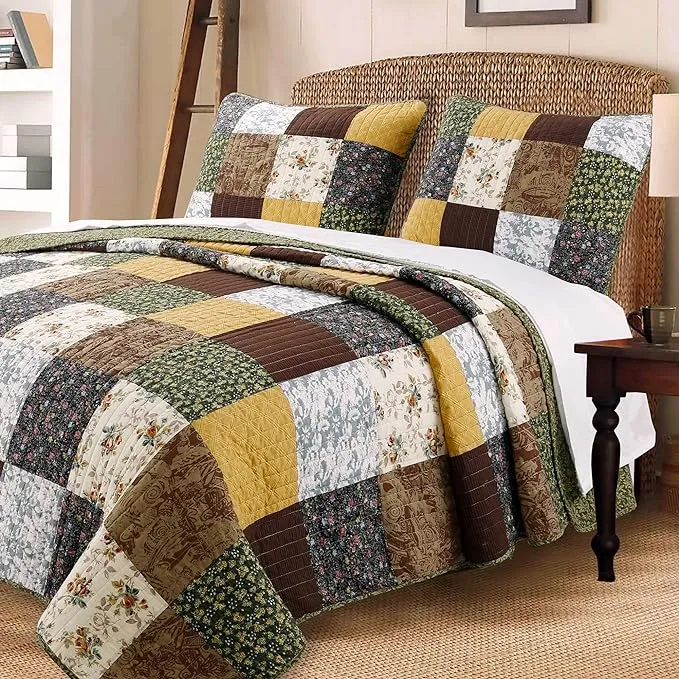 Cozy Line Home Fashions Andy Brown Quilt Bedding Set, 100 Cotton Striped Real Patchwork, Black Olive Country Style, Reversible C, Size: Queen