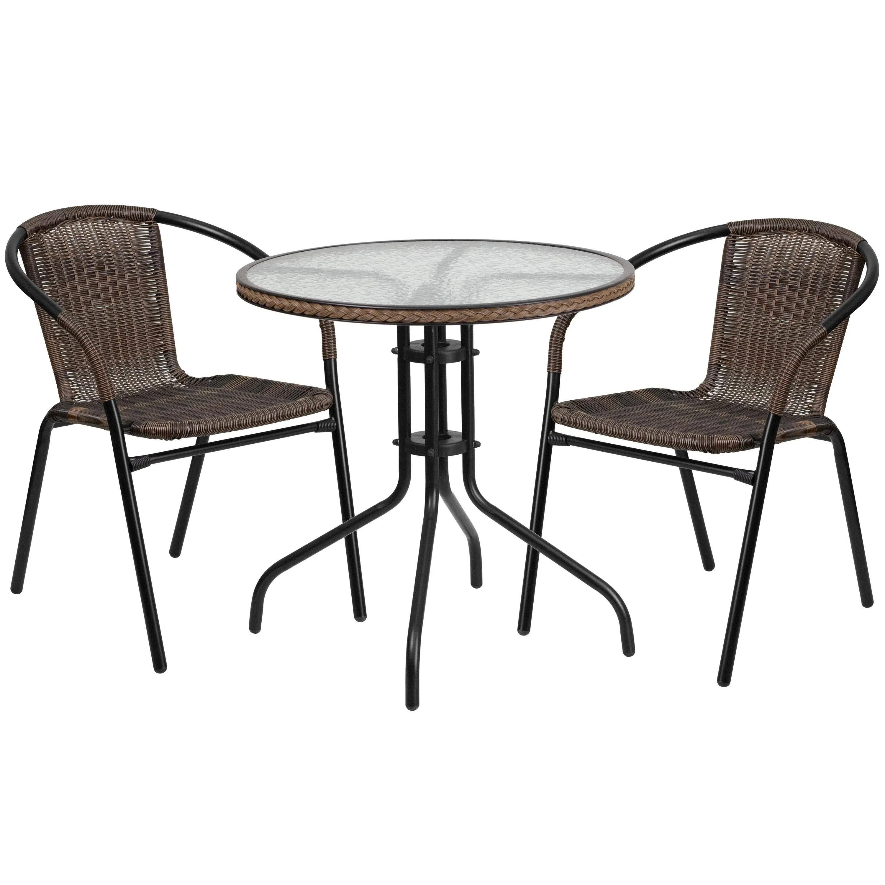 Alamont Home - Lila Outdoor Round Contemporary Metal 3 Piece Patio Set - Clear Top/Dark Brown Rattan