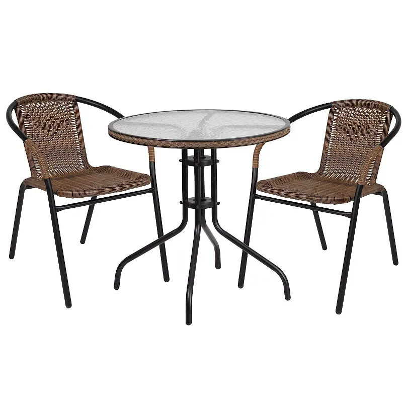 Flash Furniture 28" Round Indoor/Outdoor Glass Metal Bistro Table and 2 Rattan Chairs Set, Gray