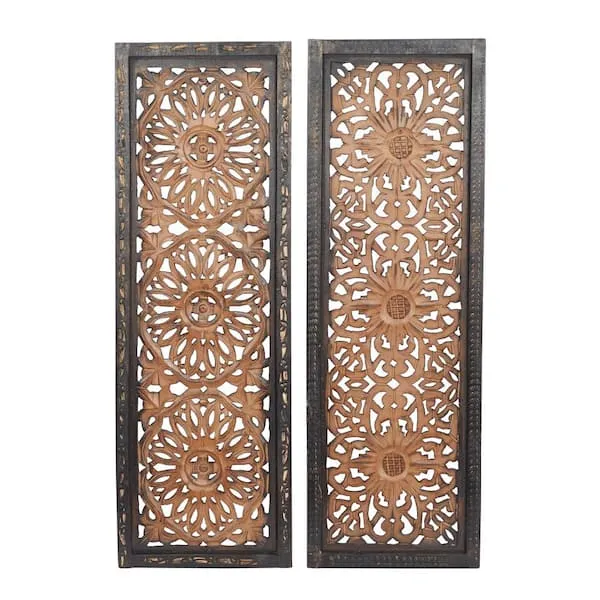 Litton Lane Wood Brown Handmade Intricately Carved Floral Wall Decor (Set of 2) 34087