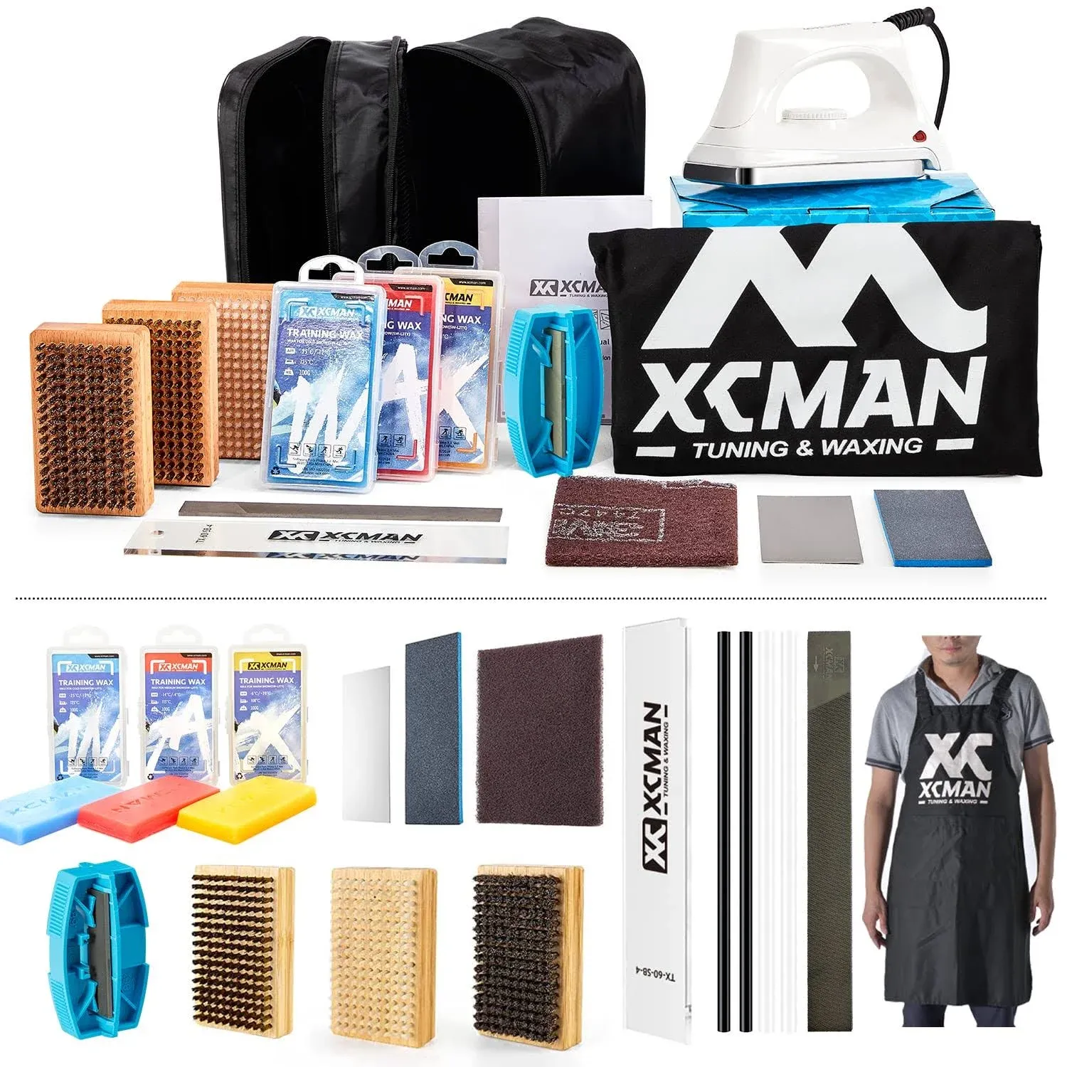 XCMAN Complete Ski Snowboard Tuning and Waxing Kit with Waxing Iron Ski Training Wax Edge Tuner PTEX Ski Waxing Brush Waxing Scraper