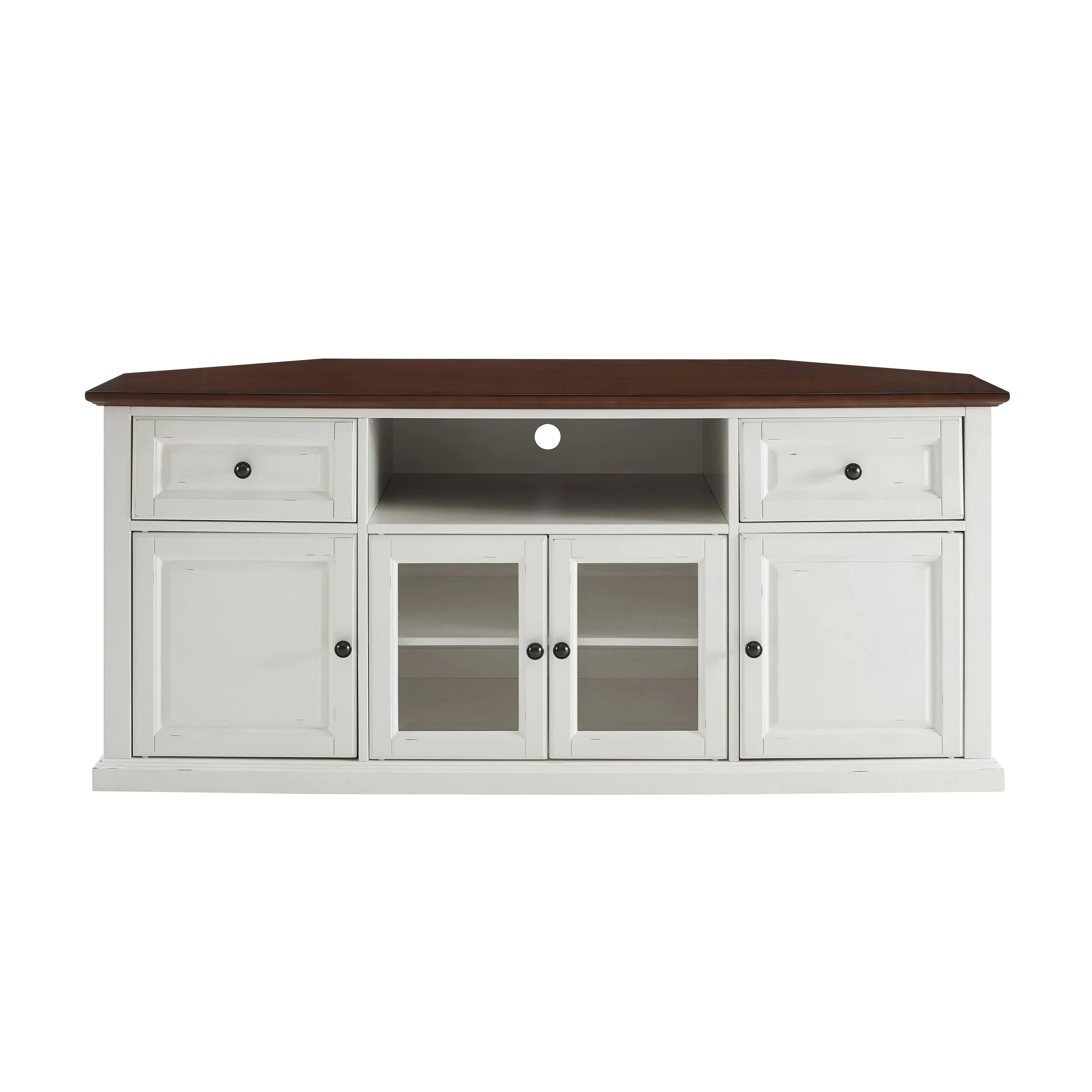 Crosley Furniture Shelby 60" Corner TV Stand in White and Mahogany