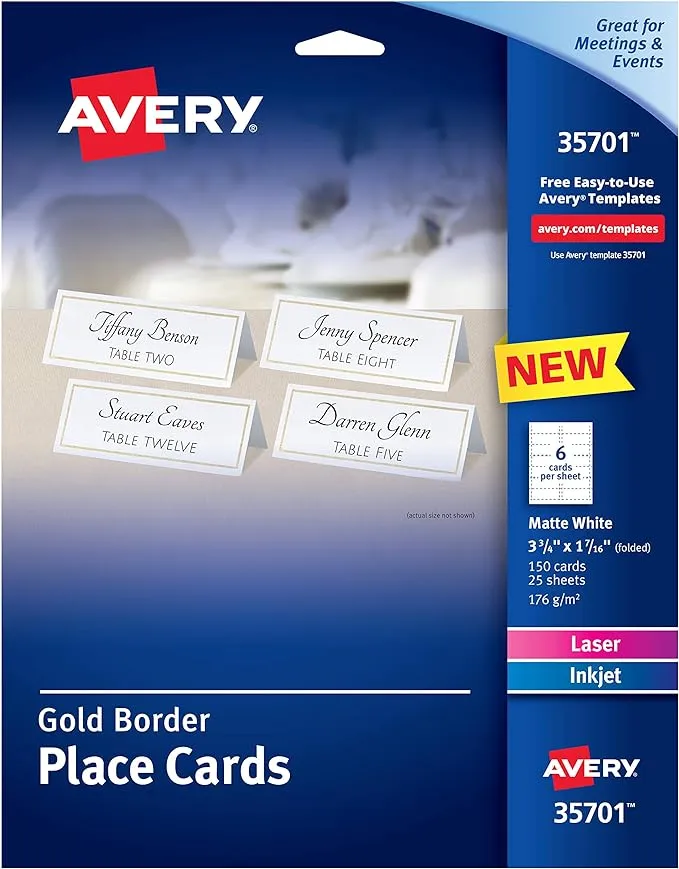 Avery Place Cards With Gold Border, 1-7/16" x 3-3/4", 65 lbs / 176 gsm, Laser/Inkjet, 150 Cards (35701)