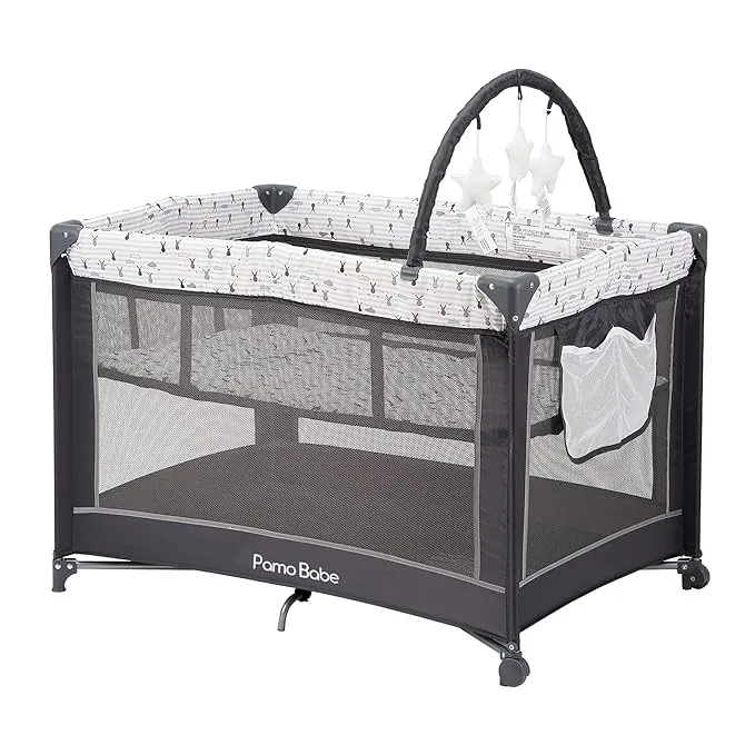 Pamo Babe Portable Playard,Sturdy Play Yard with Mattress and Toy Bar with Soft Toys (Grey)