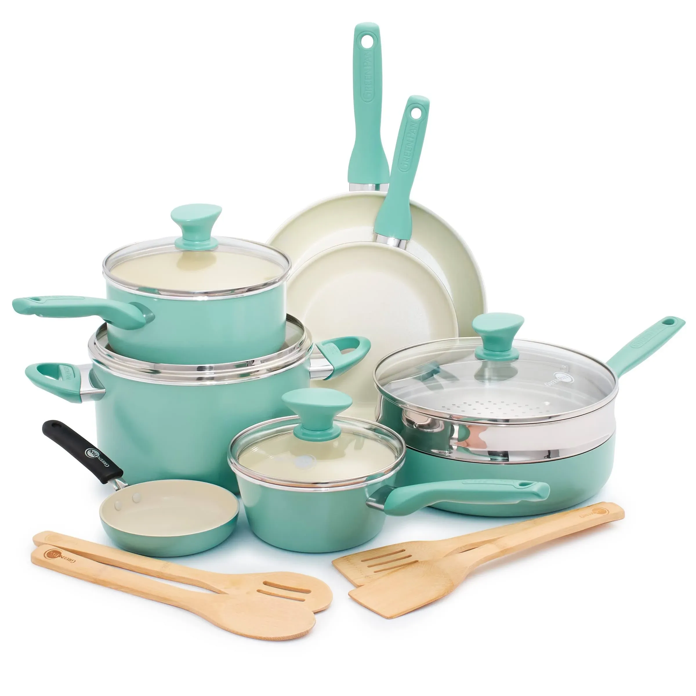 GreenPan - Rio Ceramic Non-Stick 16-Piece Cookware Set - Turquoise