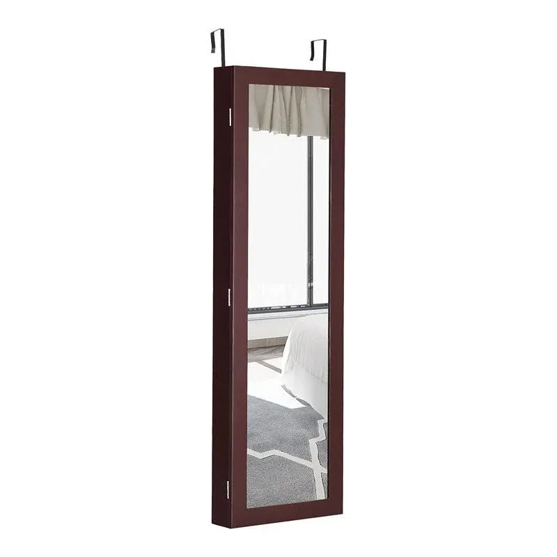 Full Length Mirror Jewelry Cabinet with Ring Slots and Necklace Hooks-Dark Brown