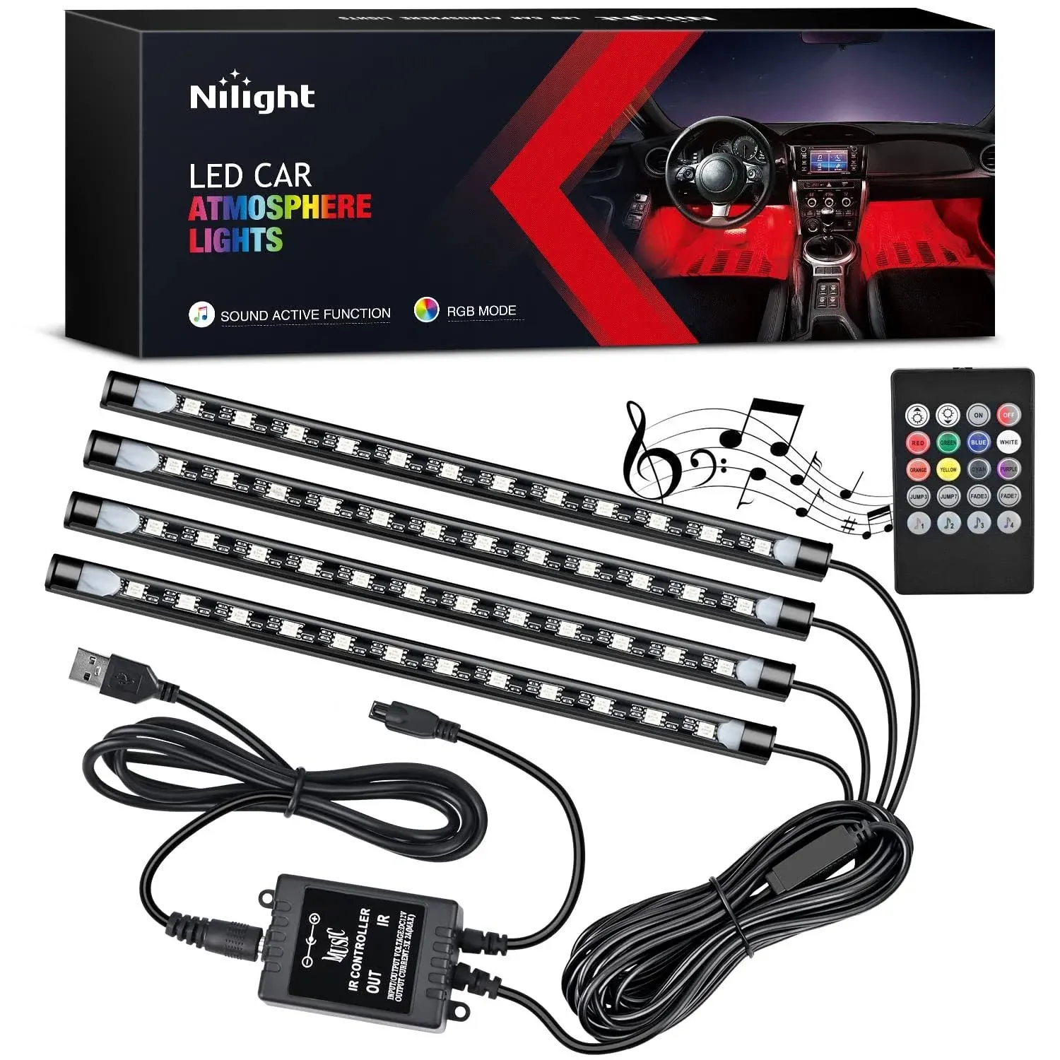 4x 48 LEDs USB Interior Light Atmosphere Multicolor Music Car Strip Lighting Kit