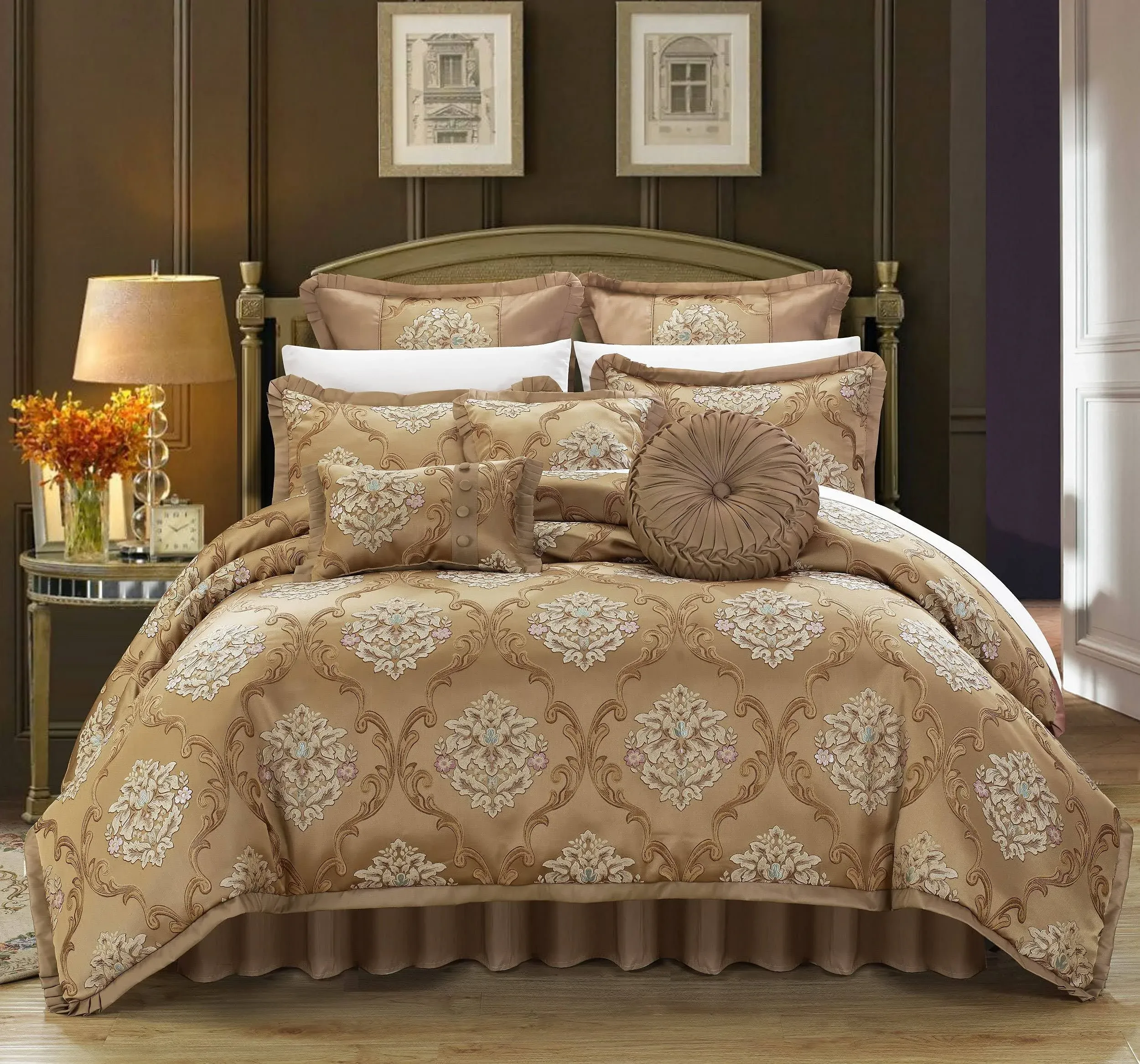 Chic Home Aubrey 9 Piece Jacquard Comforter Set Gold King