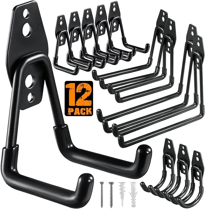 HUPBIPY 12 Pack Garage Hooks Heavy Duty,Utility Steel Garage Storage Hooks,Wall Mount Garage Hanger&Organizer for Organizing Power Tools,Ladders