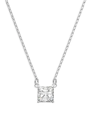 Attract Square Crystal Pendant Necklace in Silver Tone, 14.87"-16.87"