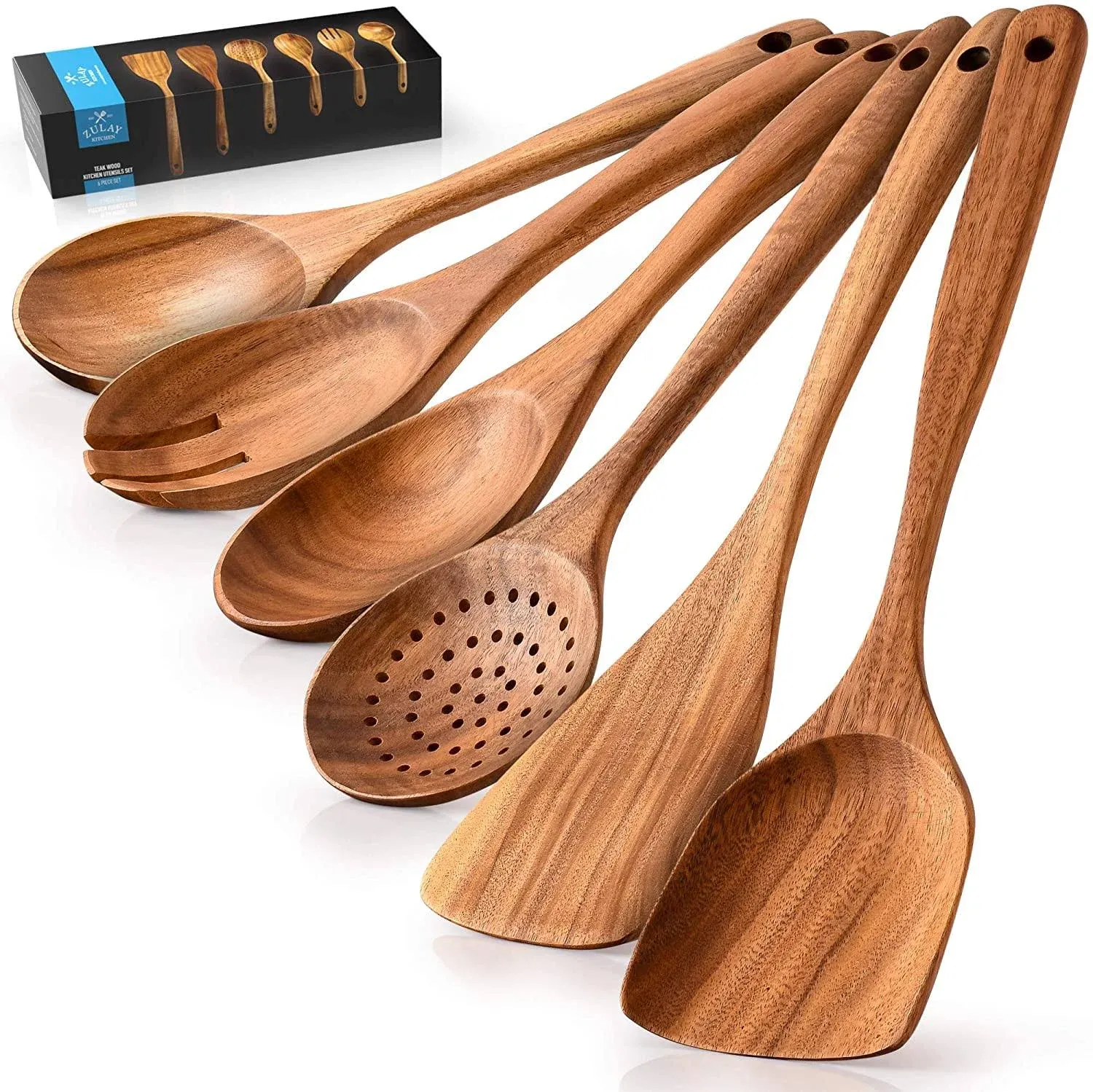 6-Piece Teak Wood Utensils Set - Wooden Spoons for Cooking and Serving