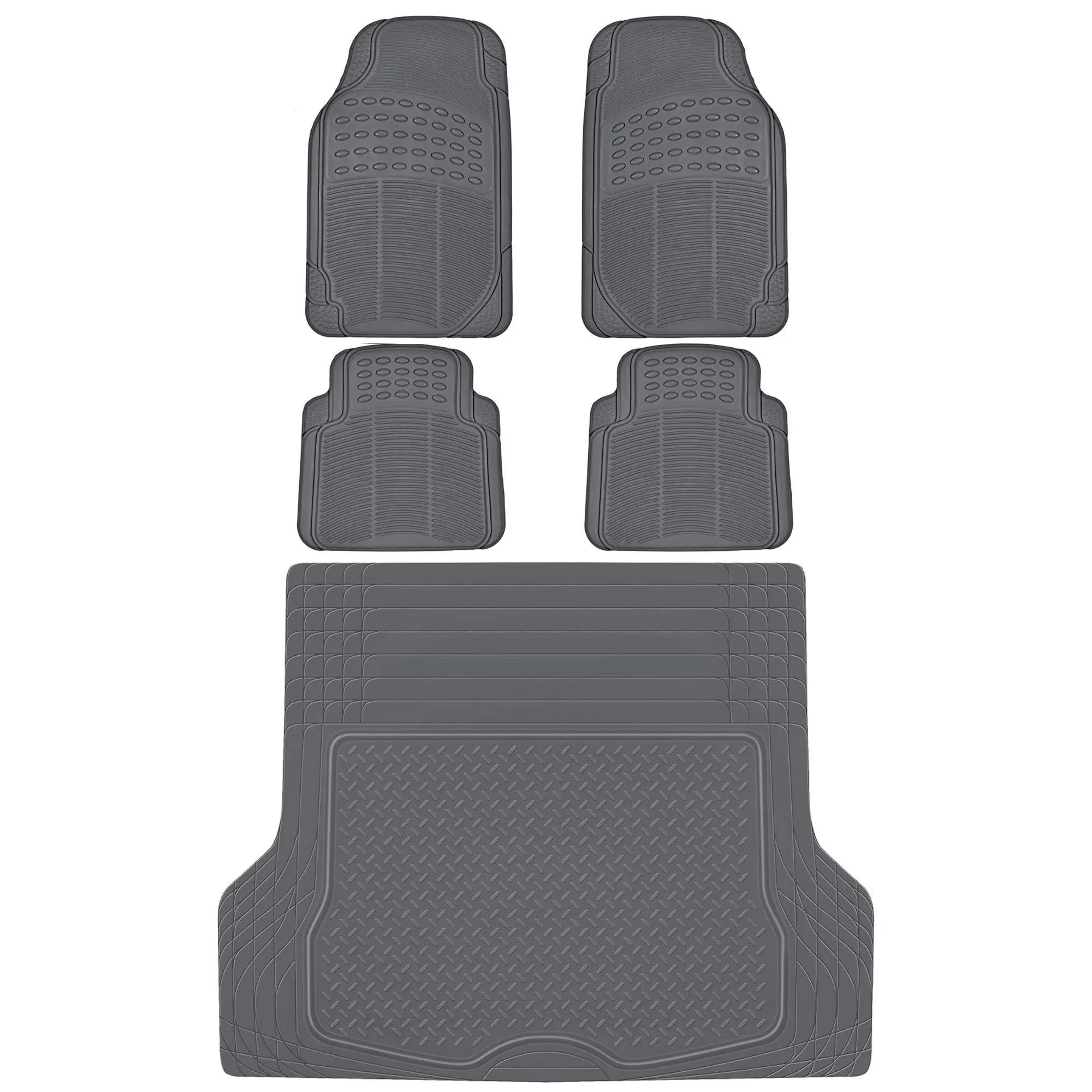 5 PC Rubber Car Floor Mats Front Rear and Cargo Trunk Liner Auto Truck SUV Van