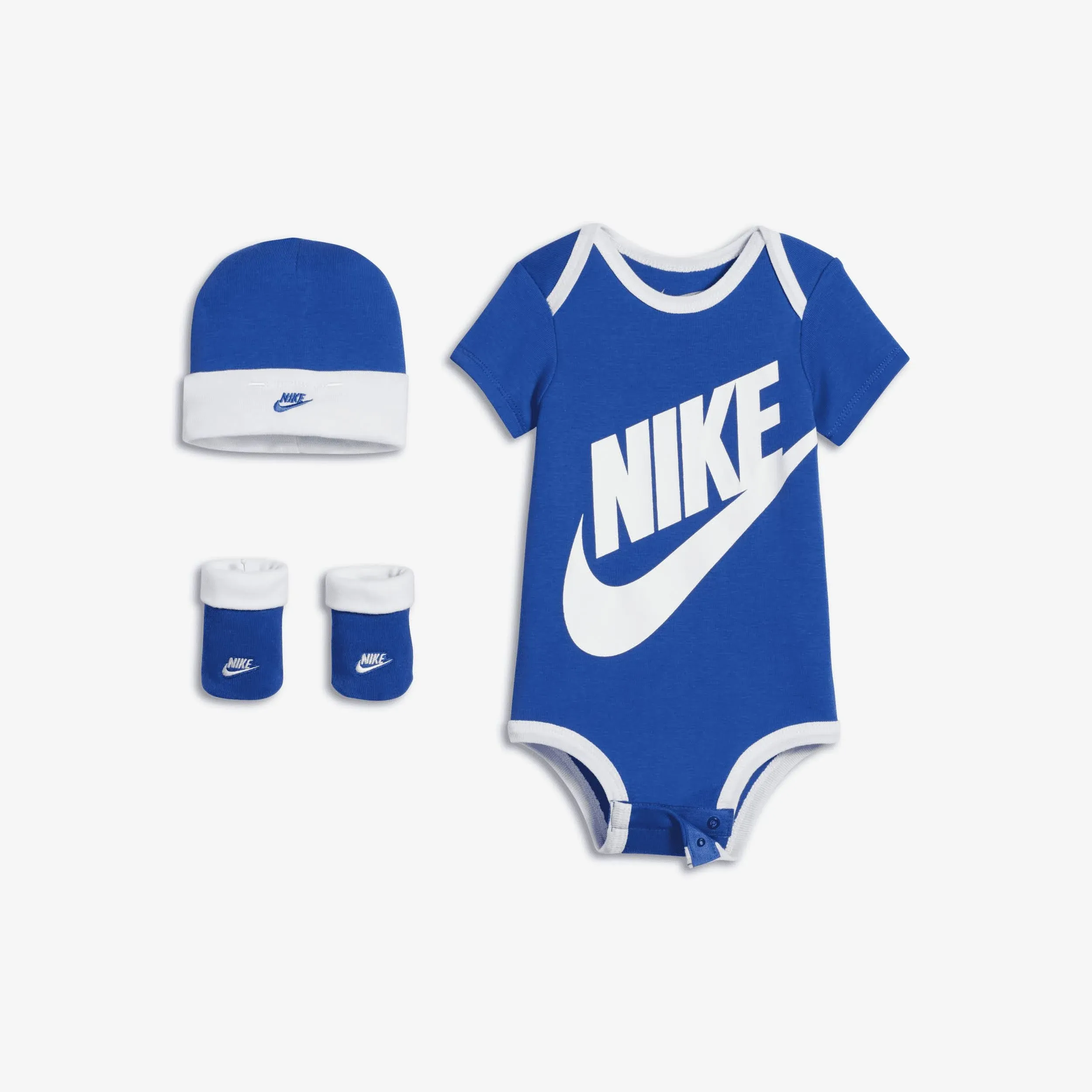 Nike 3 Piece Baby Boys Gift Set 6-12 Months Bodysuit Booties Hat Blue Gr…