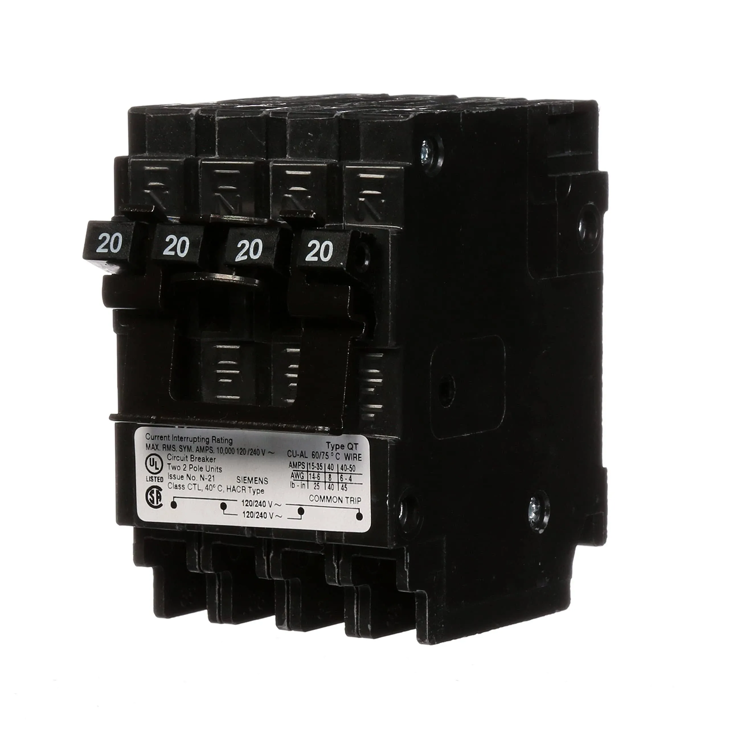 Siemens Q22020CT2 Two 20-Amp Double Pole Circuit Breaker