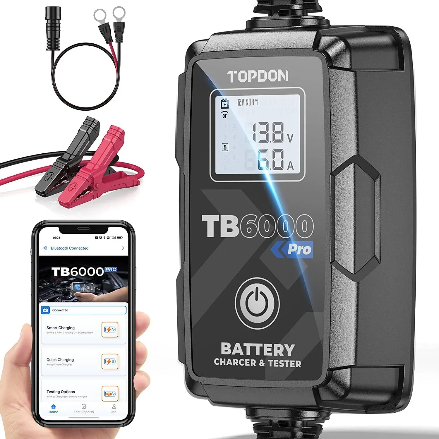 2-in-1 Smart Car Battery Charger & Battery Tester, Topdon TB6000Pro 6Amp 6V/12V ...