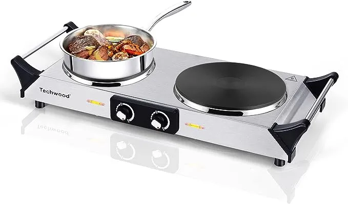 Hot Plate, Techwood 1800W Portable Electric Stove for Cooking Countertop Dual Burners with Adjustable Temperature & Handles, 7.5” Cooktop for Home/RV/Camp, Compatible for All Cookwares, Silver