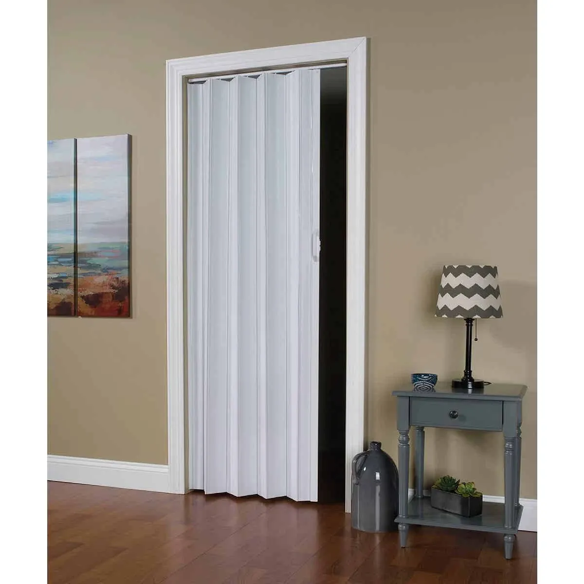 Spectrum Via 36-in x 80-in Universal Handing White Vinyl Accordion Door (Hardware Included)Spectrum Via 36-in x 80-in Universal Handing White Vinyl Accordion Door (Hardware Included)