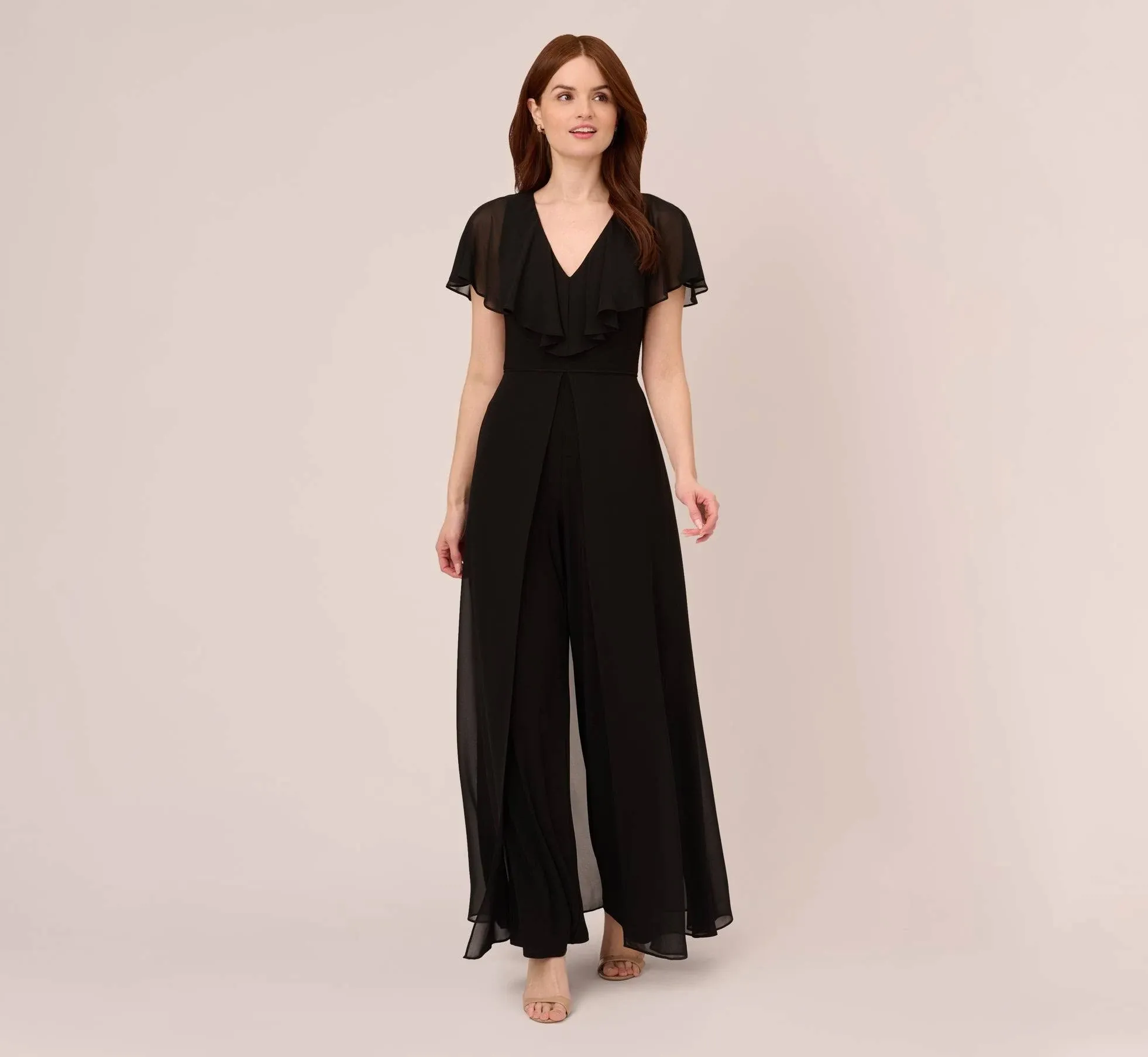 Adrianna Papell Ruffle Chiffon & Jersey Jumpsuit in Black