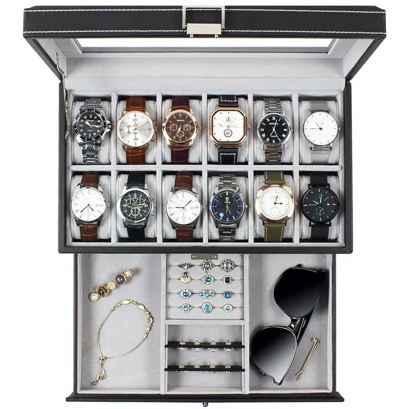 Watch Box 12 Slot Watch Display Organizer Leather Jewelry Case Drawer Glass