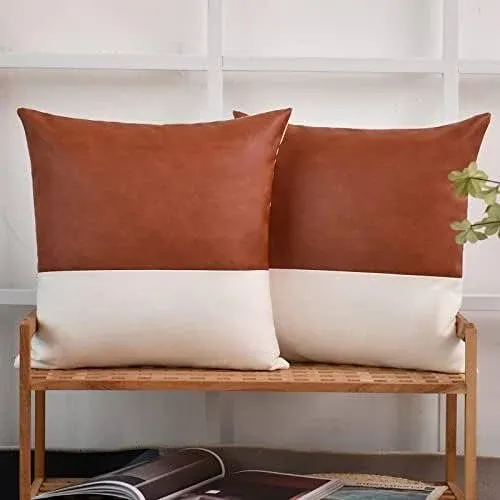 Tosewever Faux Leather Throw Pillow Covers 18 x 18 inch Set of 2 Luxury Cogna...