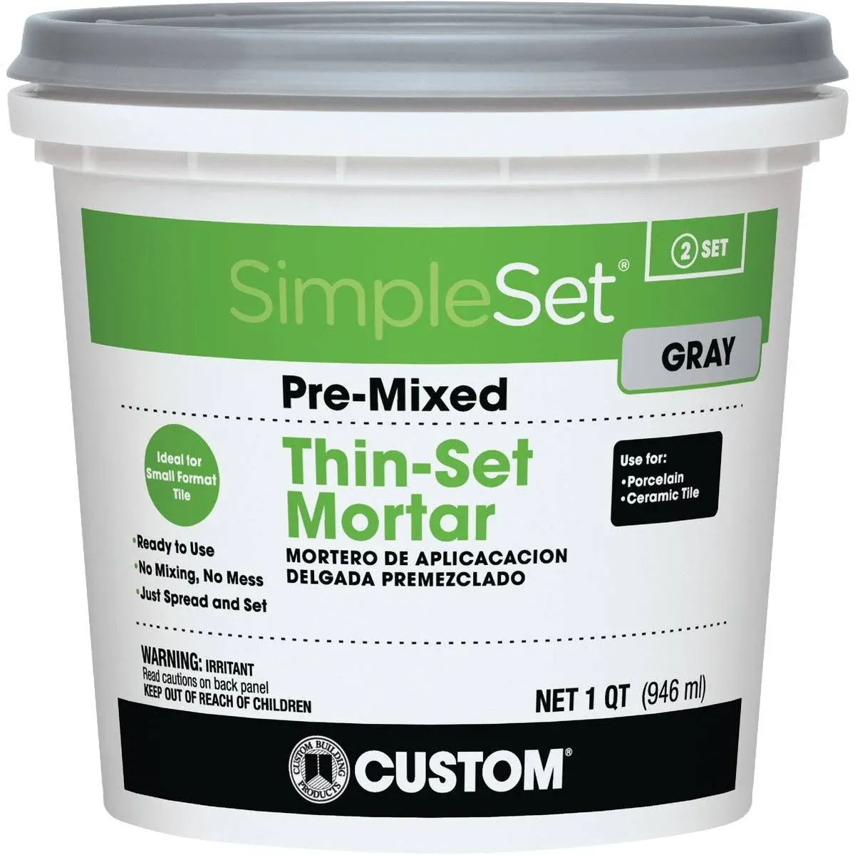 Custom Building Simple Prep Ceramic Tile Thin Set Mortar, Gray - 1 Qt total