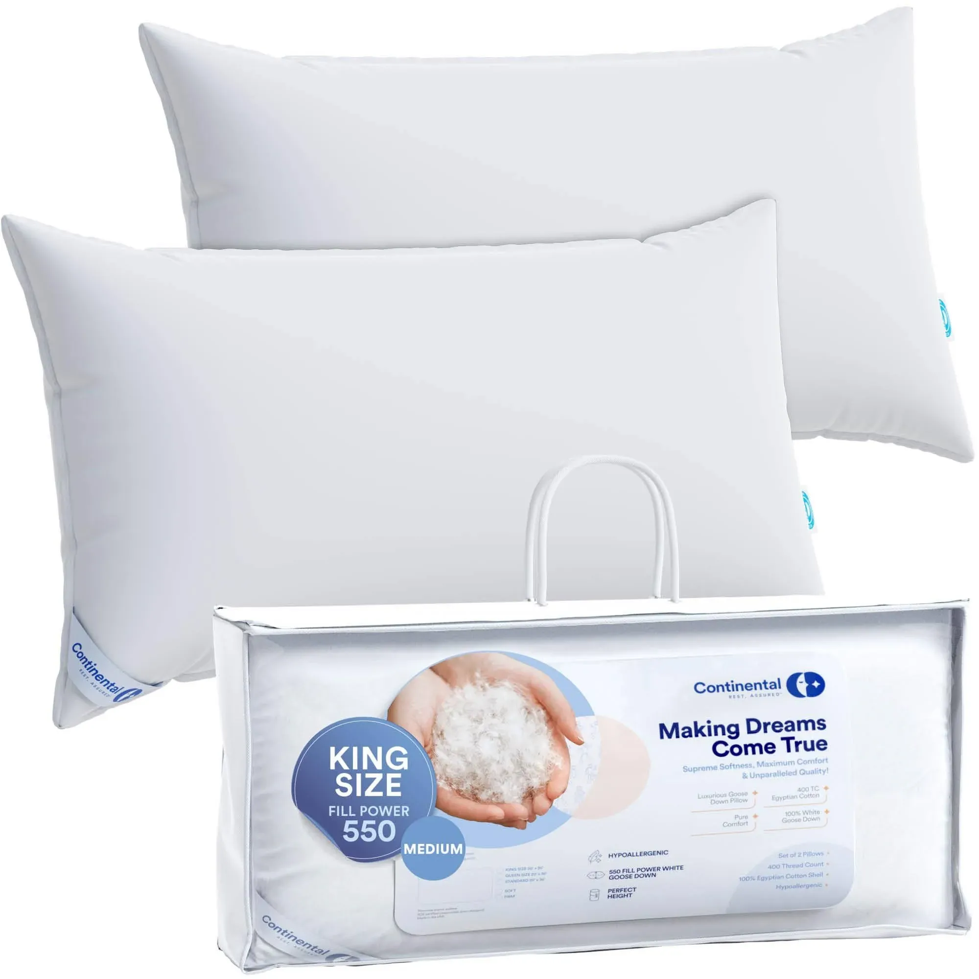 Soft White Goose Down Pillow 2 Pack King Size 20 x 36 in 30 oz 550 Fill Power