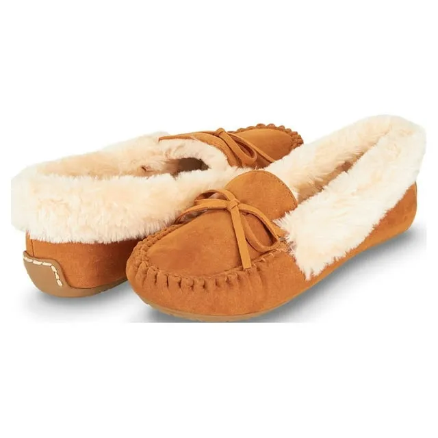 Floopi Women Slippers Moccasins, Soft Faux Fur Lining with Cozy Memory Foam, Ladies House Slippers for Women with Indoor & Outdoor Anti-Skid Sole