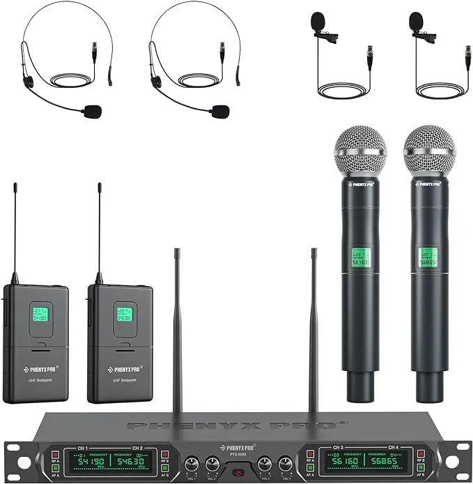 Sistema de microfone sem fio Phenyx Pro, 4 canais UHF Wireless Mic Set com microfones portáteis / Bodypack / Headset / Lapela , microfone sem fio de metal de frequência fixa para igreja, canto, DJ (PTU-5000-2H2B)