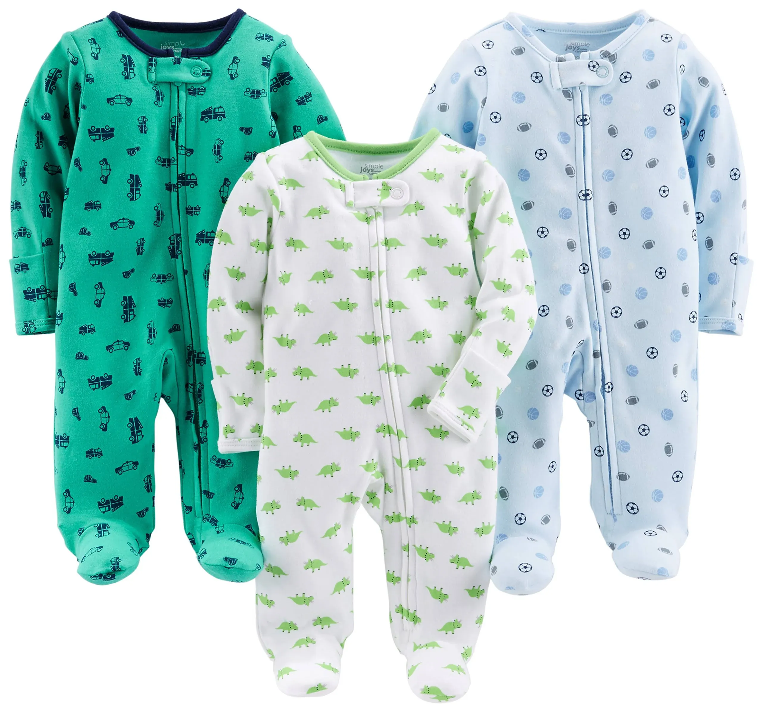 Simple Joys by Carter's Baby Boys' Cotton Footed Sleep and Play, Pack of 3, Sports Pack/Cars/Dinosaur, 0-3 Months