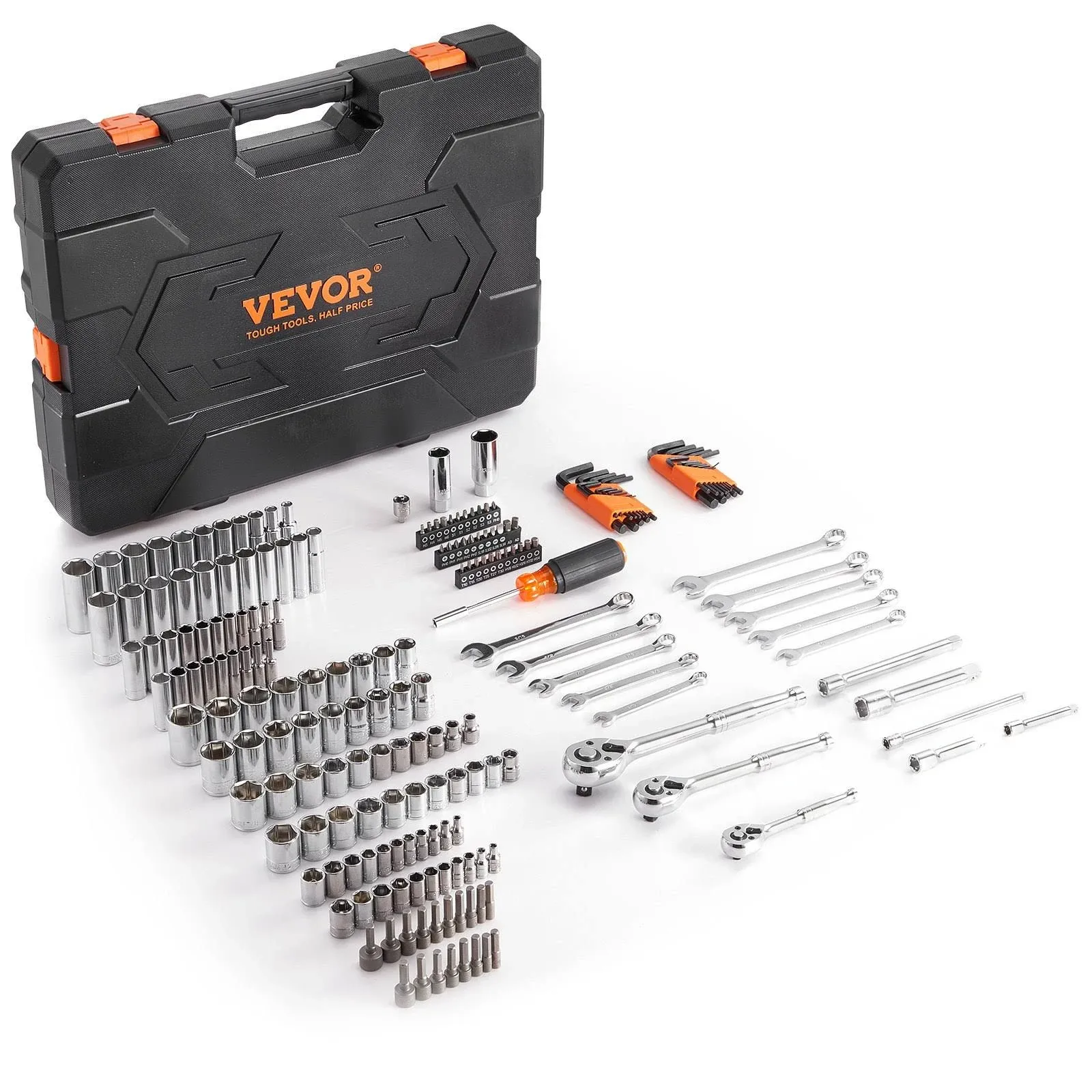 VEVOR Mechanics Tool Set and Socket Set 1/4in 3/8in 1/2 in Drive Sockets 205Pcs