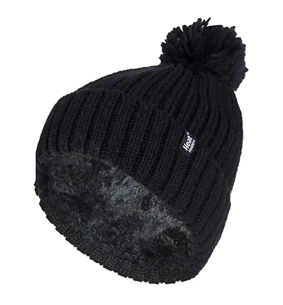 Heat Holders Ladies Ribbed Cuffed Thermal Pom Pom Bobble Hat Black One